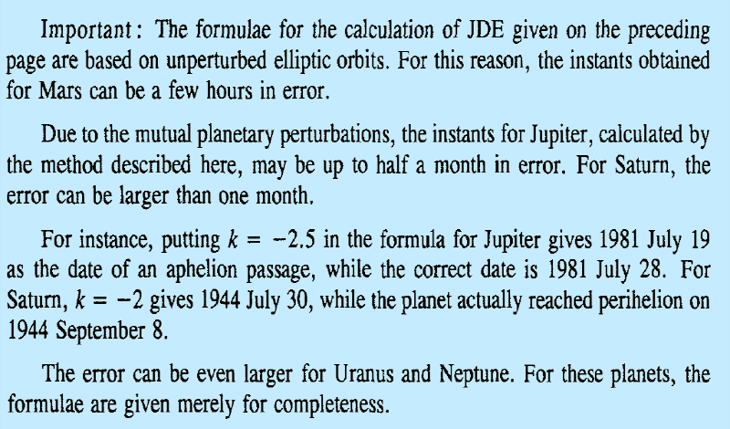 Quote from Jean Meeus's Astronomical Algorithms discussing the difficulty and limitations in calculating planetary positions, noting that Uranus and Neptune orbital predictions remain particularly challenging