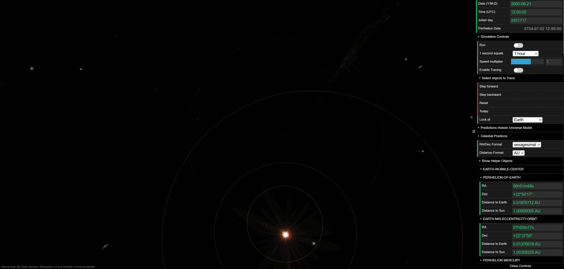 Screenshot of Interactive 3D Solar System Simulation settings showing two longitude values: Earth's longitude of perihelion (PERIHELION-OF-EARTH) and actual longitude (MID-ECCENTRICITY-ORBIT)
