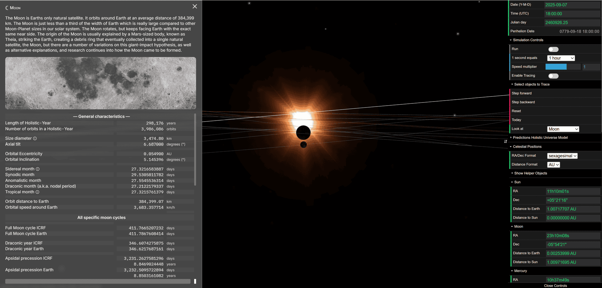 Screenshot from Interactive 3D Solar System Simulation showing lunar eclipse of September 7, 2025 (JD 2460926) with Earth casting shadow on Moon, demonstrating penumbral eclipse visibility between 15:00-22:00 UTC rendered using Three.js lighting and shadow functions