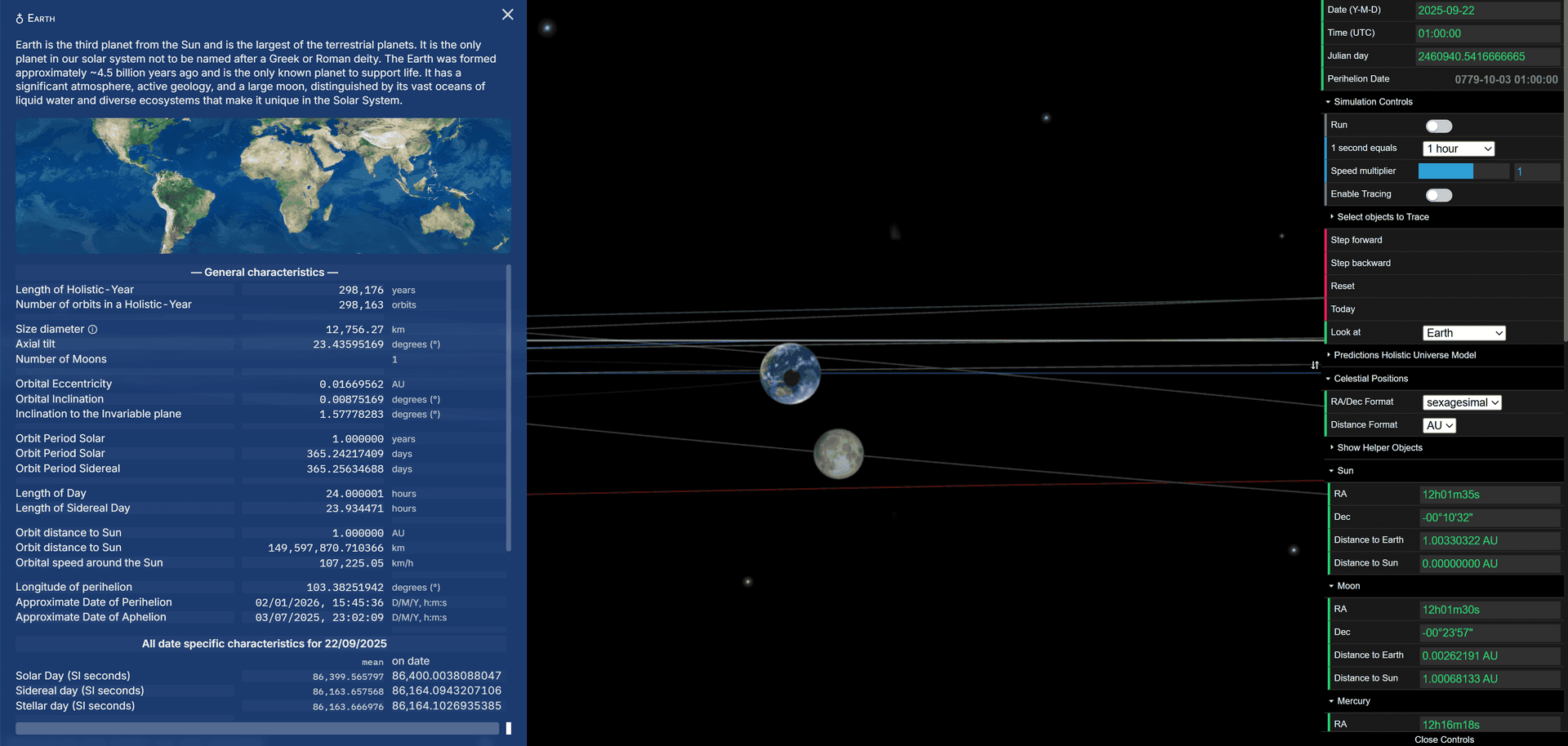 Screenshot from Interactive 3D Solar System Simulation showing solar eclipse of September 21, 2025 (JD 2460940) with Moon casting shadow on Earth, with maximum eclipse modeled at September 22 01:00 UTC (actual maximum at September 21 19:45 UTC), demonstrating penumbral shadow rendering