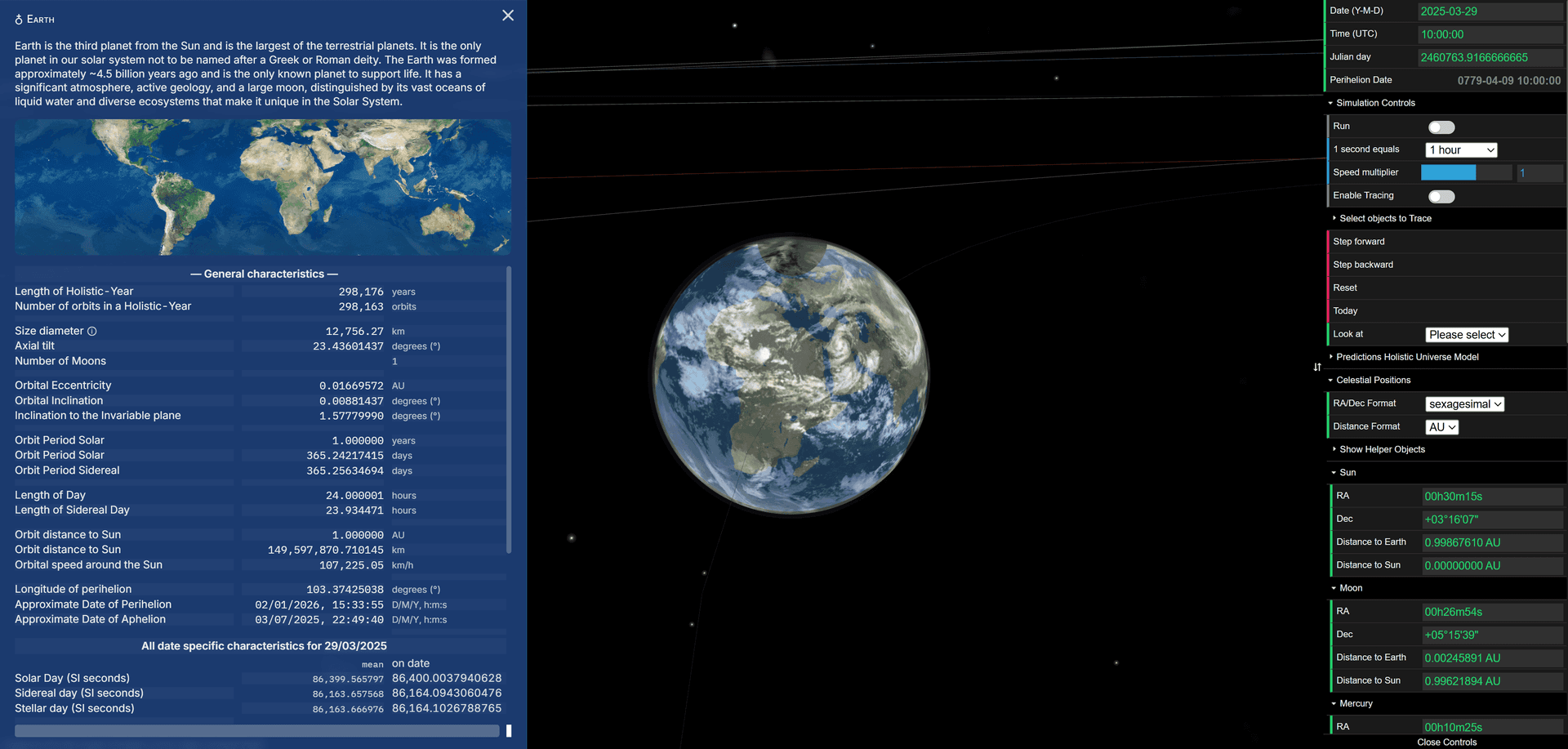 Screenshot from Interactive 3D Solar System Simulation showing solar eclipse of March 29, 2025 (JD 2460764) with Moon casting shadow on Earth, with maximum eclipse modeled at 10:00 UTC closely matching actual maximum at 11:00 UTC (actual duration 09:00-13:00 UTC), demonstrating accurate eclipse timing prediction