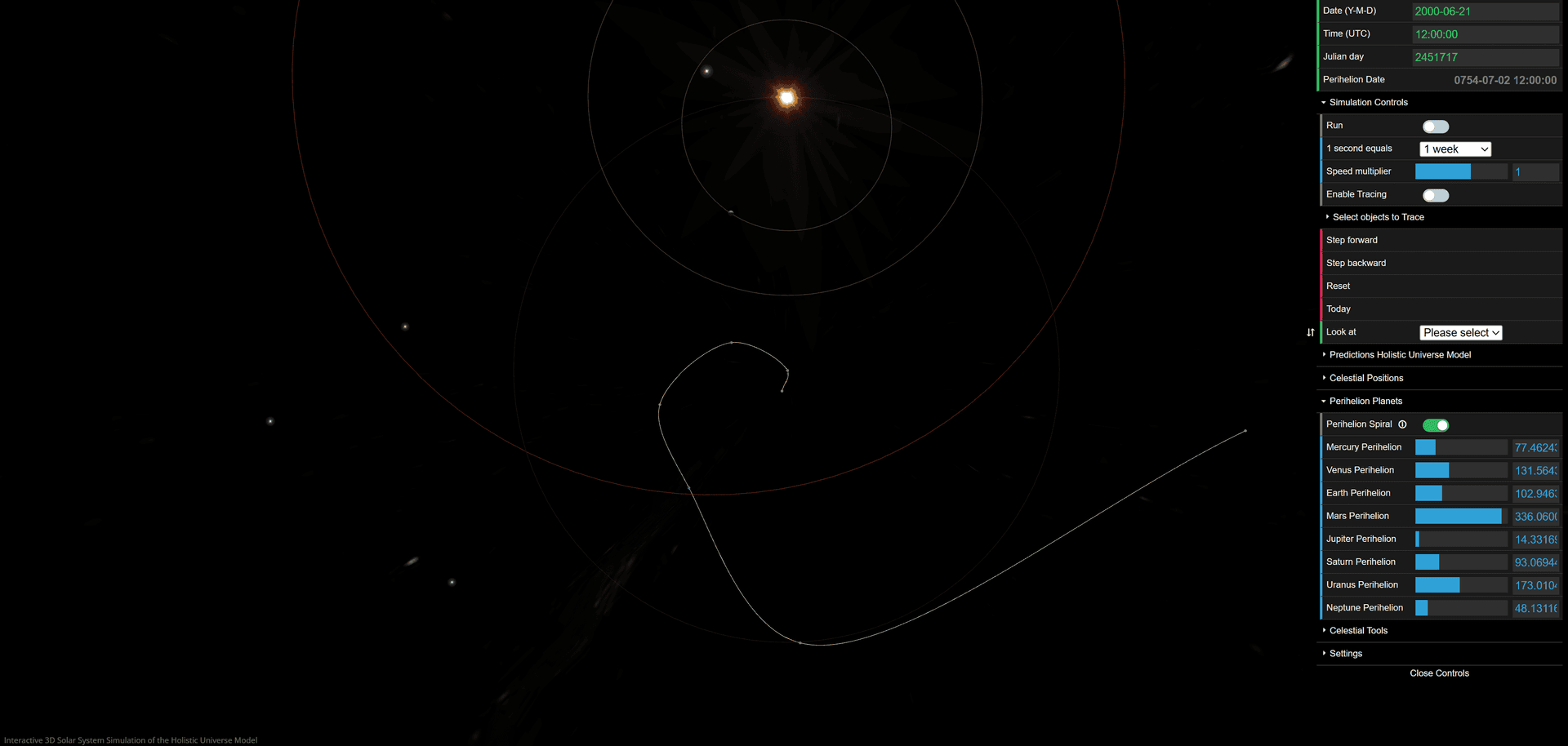Screenshot of Interactive 3D Solar System Simulation settings showing how to select and display all planet perihelion points (PERIHELION Mercury, Venus, Mars, etc.) from EARTH-WOBBLE-CENTER perspective