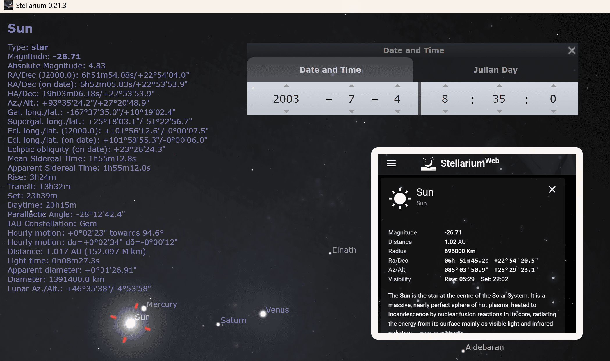Screenshot of Stellarium software showing aphelion alignment on July 4, 2003 at 03:35 UTC when PERIHELION-OF-EARTH aligns with Sun, demonstrating verification of Interactive 3D Solar System Simulation values