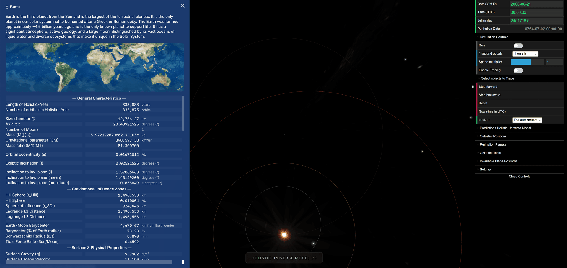 Planet Info sidebar showing RA, Dec, and Distance values