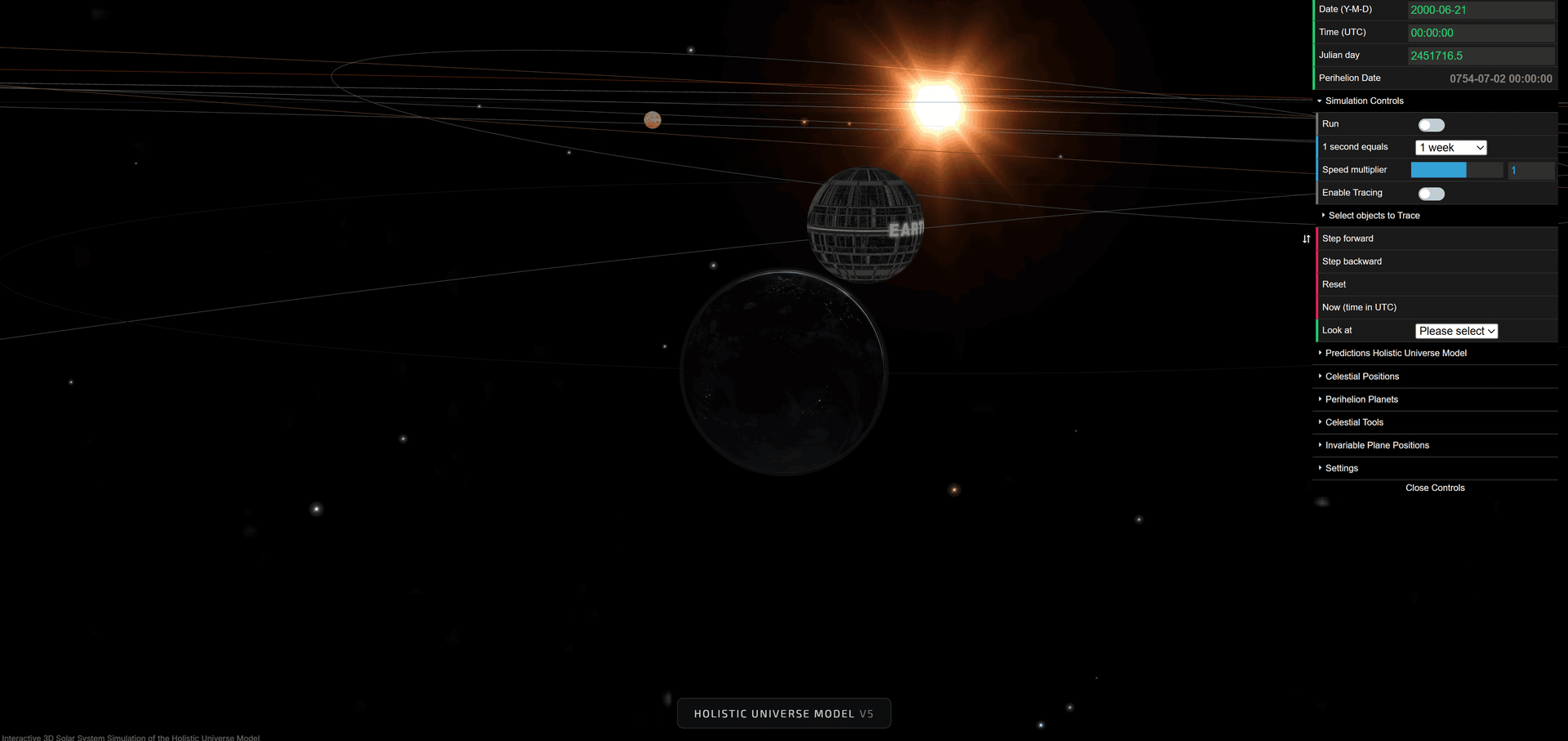 EARTH-WOBBLE-CENTER and PERIHELION-OF-EARTH in the simulation
