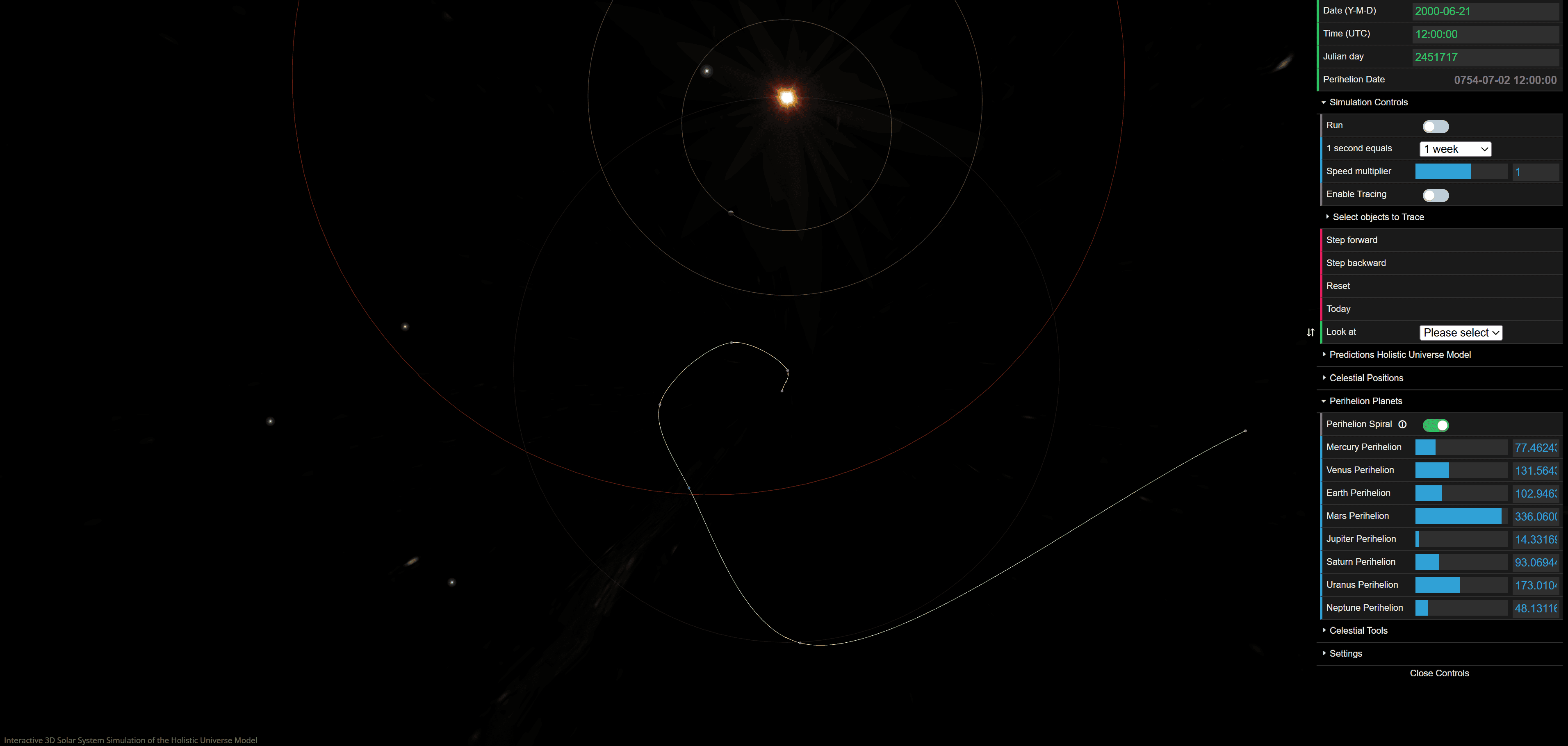 Holistic Universe Model Interactive 3D Solar System Simulation settings